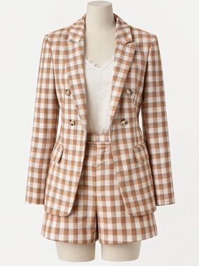 Nine West Tan and White Gingham Double-Breasted Blazer Set